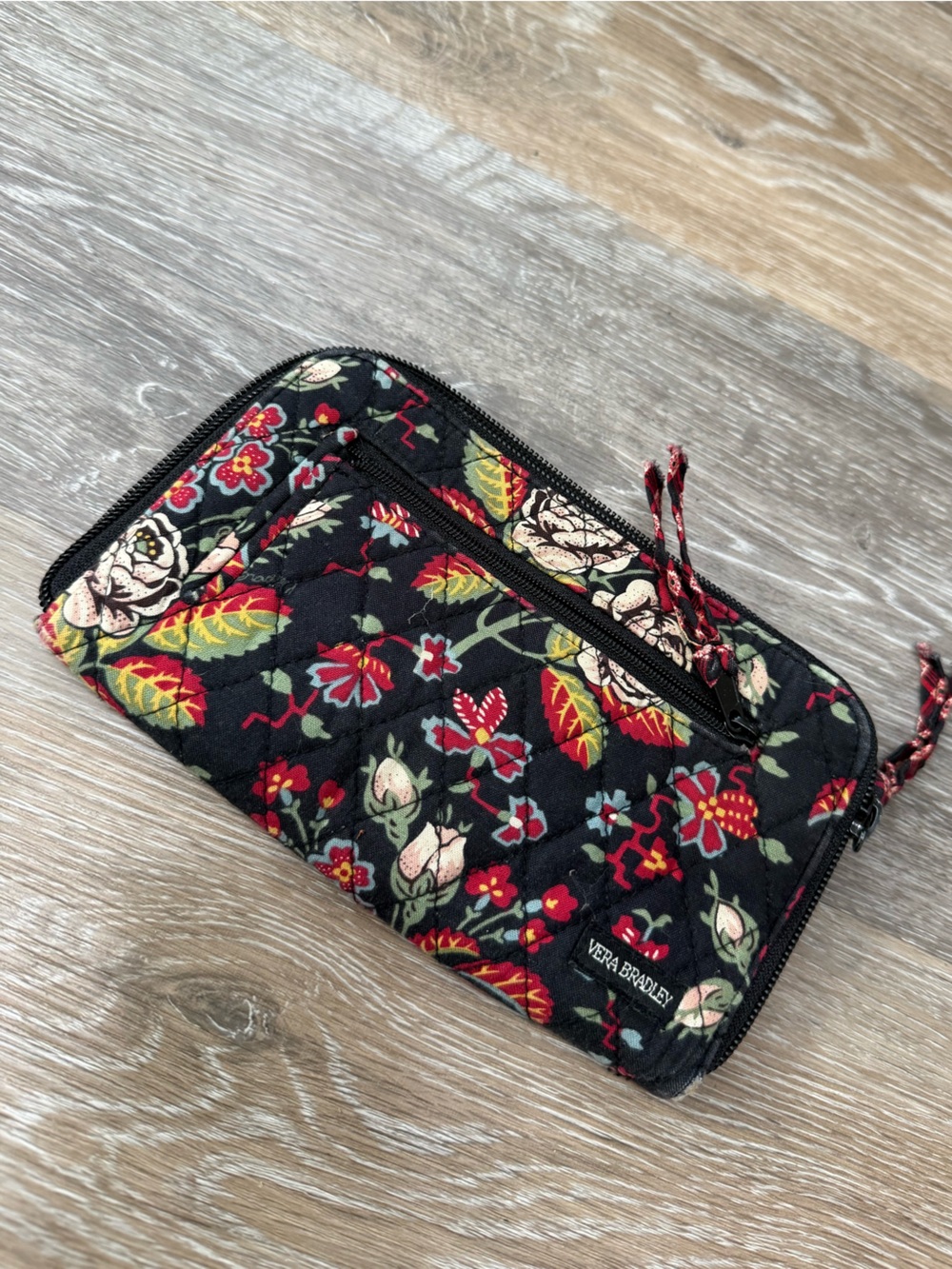 Vera Bradley Black Quilted Floral Zip Wallet with Red and Green Accents
